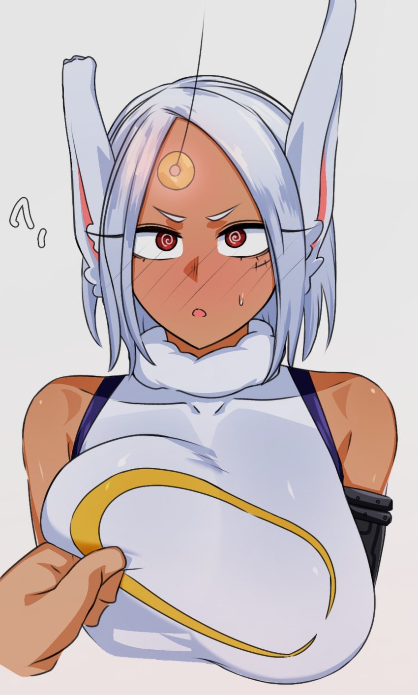 big_breasts blush breasts censored dark-skinned_female dark_skin female groping groping_breasts hero_outfit_(mha) hypnosis imminent_rape imminent_sex looking_at_viewer mind_control miruko my_hero_academia rabbit_ears rabbit_girl red_eyes rumi_usagiyama ryuugu sweat white_hair