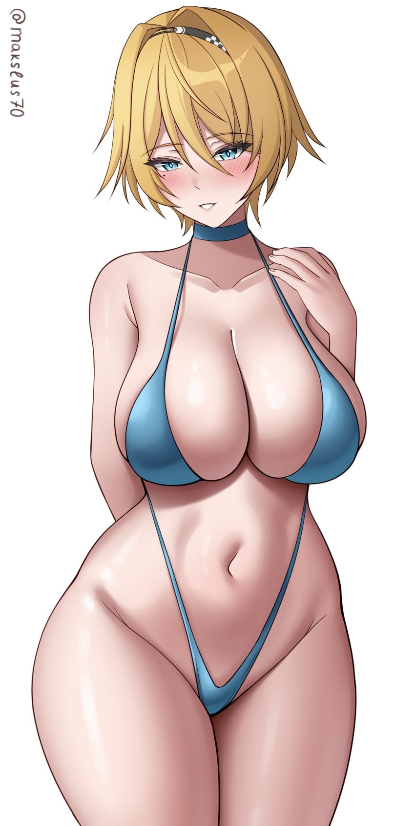 1girls bikini blonde_female blue_bikini blue_eyes blush choker cowboy_shot female girls'_frontline girls'_frontline_2:_exilium grin headband hi_res highleg highleg_bikini looking_at_viewer makslus medium_hair mole mole_under_eye navel nikketa_(girls'_frontline_2) simple_background smile solo stomach swimsuit teeth vsk-94_(girls'_frontline) white_background