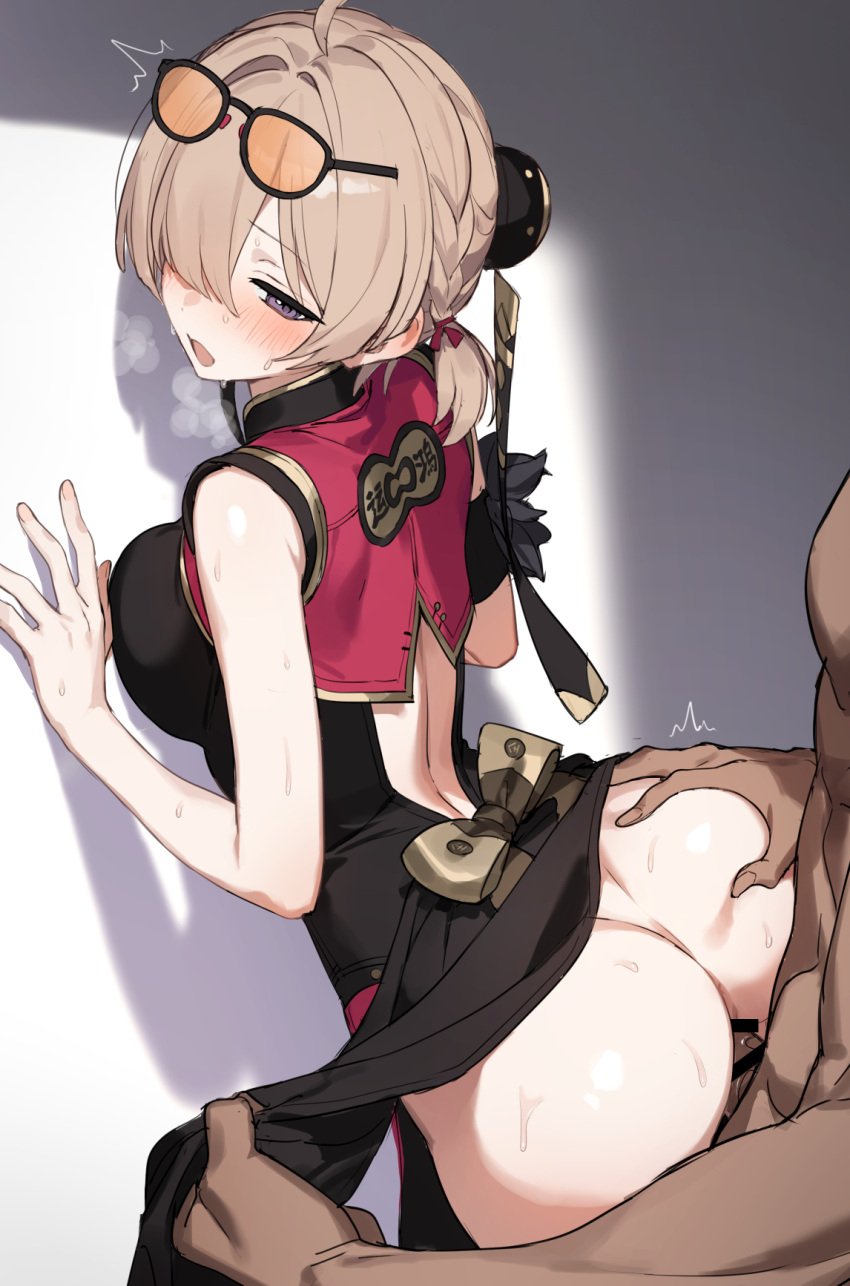 1boy ^^^ ahoge ass back_cutout bar_censor black-framed_eyewear black_dress blush braid brown_hair censored china_dress chinese_clothes clothed_female_nude_male clothing_aside clothing_cutout commentary_request dark-skinned_male dark_skin dress eyewear_on_head female gold_trim grabbing_another's_ass groping hair_intakes hair_over_one_eye heavy_breathing highres low_twintails median_furrow nanmo_(nanmokamo) no_panties nose_blush nude orange-tinted_eyewear pelvic_curtain pelvic_curtain_aside purple_eyes sex sex_from_behind short_hair side_braids straight sweat sweety_(zenless_zone_zero) tinted_eyewear twintails zenless_zone_zero