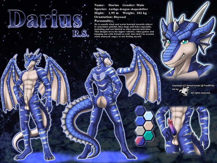 abs anthro balls blue_scales character_sheet claws darius_(drasko-hunter) darius_drasko_hunter darkgoose dragon erection frills from_behind green_eyes horn male male_only model_sheet muscles pecs penis reference_sheet scales shapeshifter sheath smile standing stripes thighs wings