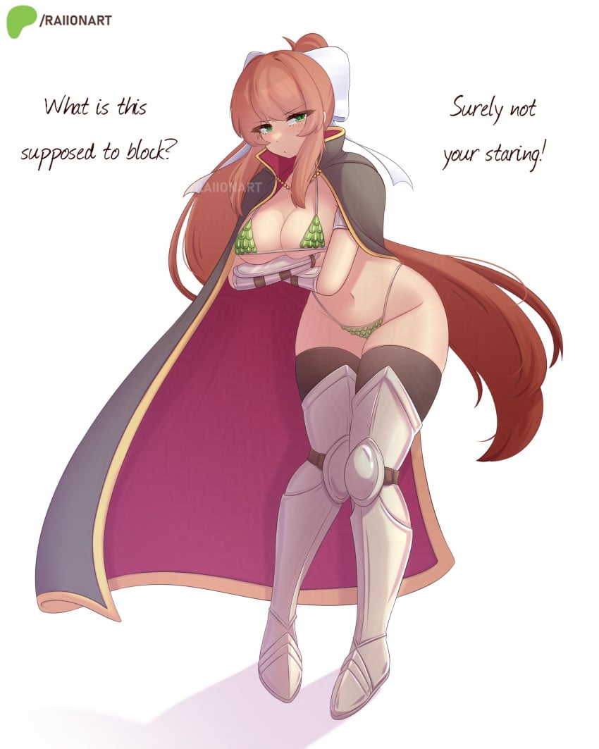 1girls absurd_res armor bikini_armor breasts brown_hair cape child_bearing_hips doki_doki_literature_club embarrassed english_text female female_focus female_only green_bra green_eyes hi_res large_breasts light-skinned_female light_skin long_hair looking_at_viewer monika_(doki_doki_literature_club) ponytail raionart text thighhighs thighs white_background white_bow wide_hips