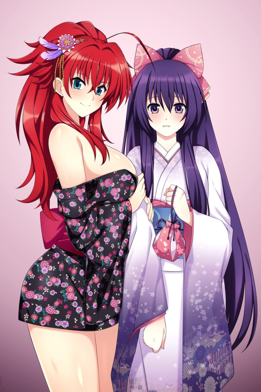 2girls crossover date_a_live female high_school_dxd kimono large_breasts lindaroze rias_gremory yatogami_tohka yuri
