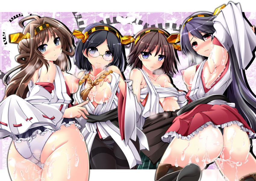 4girls blush cum haruna_(kantai_collection) hiei_(kantai_collection) kantai_collection kiki_(koikuchikinako) kirishima_(kantai_collection) kongou_(kantai_collection) multiple_girls