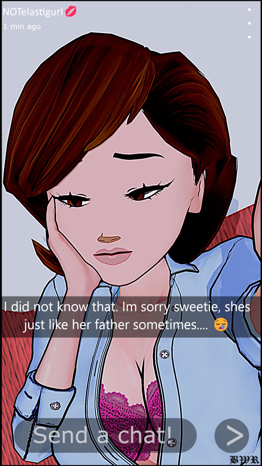 breakwater_ridge brown_eyes brown_hair cheating_wife dialogue dirty_talk disney female female_focus female_only helen_parr milf ntr selfie sexting snapchat snapchat_sexting story the_incredibles