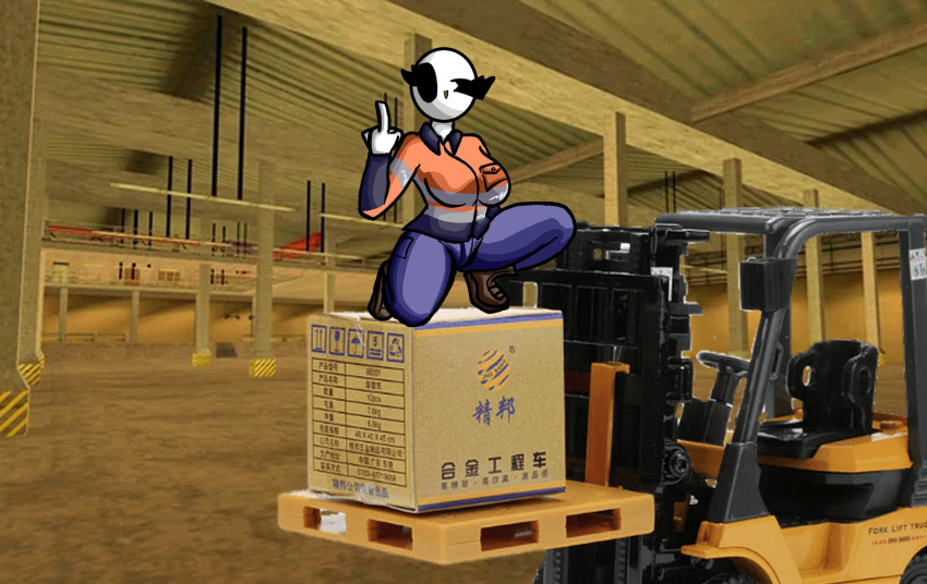 bald_female big_breasts black_eyes boots box breasts chetoh claire_(chetoh) egg female female_only flipping_off flipping_viewer_off forklift jeans looking_at_viewer middle_finger oc open_mouth original original_character photo_background pun warehouse white_body wink winking winking_at_viewer work_uniform