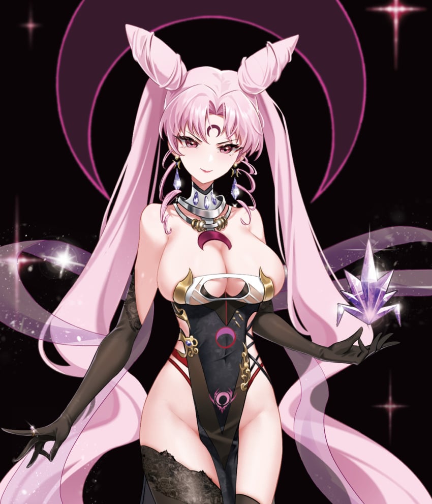 1girls bare_hips bare_shoulders bare_thighs bishoujo_senshi_sailor_moon bishoujo_senshi_sailor_moon_r black_background black_lady black_thighhighs breasts chibi_usa china_dress chinese_clothes cleavage collarbone crystal dress elbow_gloves female female_only gloves groin highres inner_thighs jie_tou_deng_shan_ke large_breasts long_hair pelvic_curtain pink_eyes pink_hair pubic_tattoo ringlets shoulders skindentation solo tattoo thighhighs thighs tsurime twintails very_long_hair