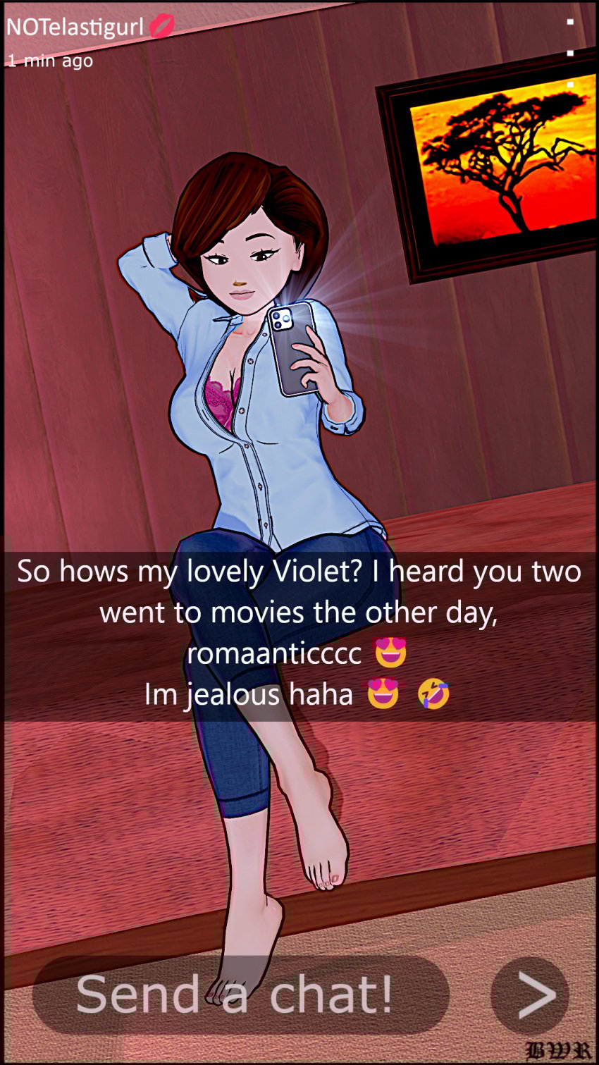 breakwater_ridge brown_eyes brown_hair cheating_wife dialogue dirty_talk disney feet female female_focus female_only helen_parr milf ntr selfie sexting snapchat snapchat_sexting story the_incredibles