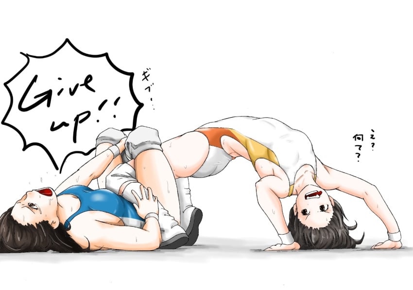 angry asphyxiation brown_hair catfight leotard open_mouth sfw swimsuit wrestling wrestlingryona モンチー