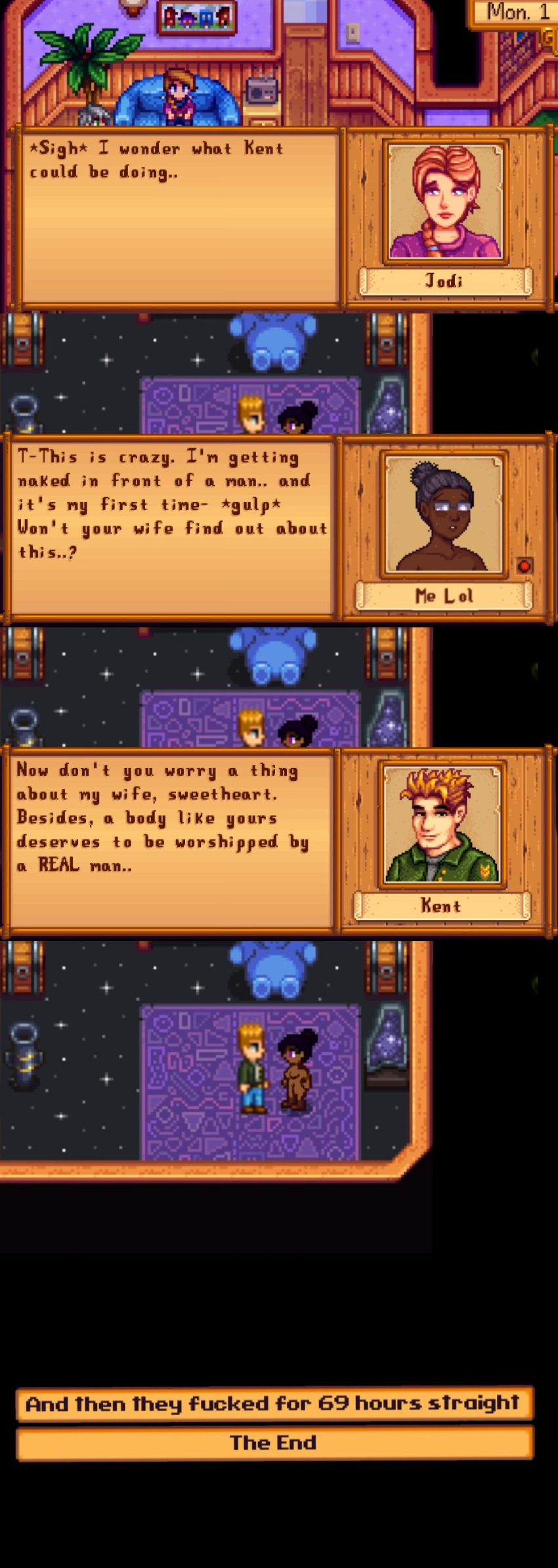 cheating_husband clothed_male dark-skinned_female edit farmer_(stardew_valley) female imminent_sex implied_sex interracial jodi_(stardew_valley) joke_art kent_(stardew_valley) light-skinned_male male naked_female nervous_sweat ntr original_character reverse_netorare stardew_valley