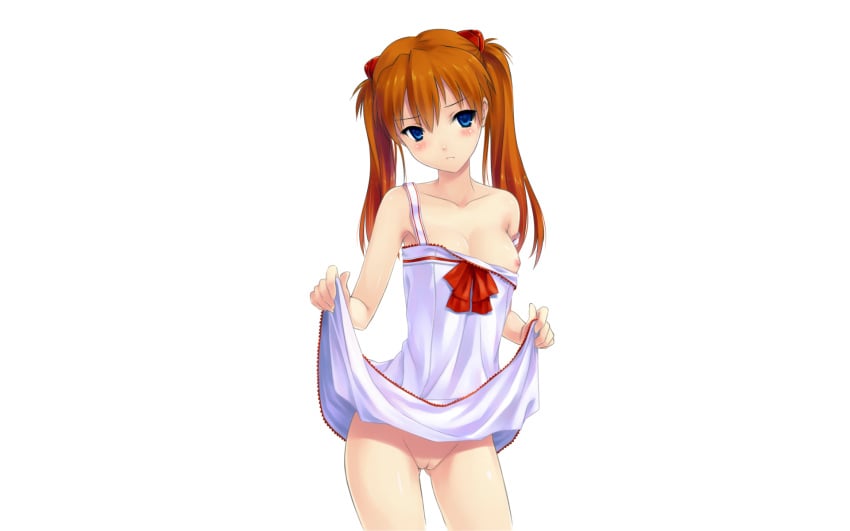 asuka_langley_sohryu blush breasts clothing dress dress_lift hiten_(hitenkei) medium_breasts neon_genesis_evangelion nipples no_panties nopan photoshop uncensored vagina white_background