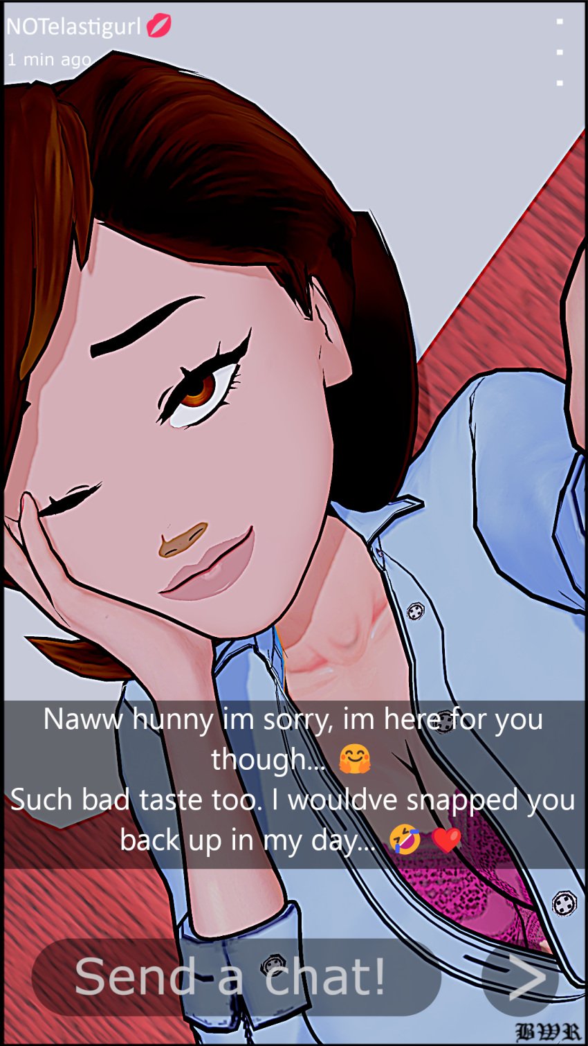 breakwater_ridge brown_eyes brown_hair cheating_wife dialogue dirty_talk disney female female_focus female_only helen_parr milf ntr selfie sexting snapchat snapchat_sexting story the_incredibles