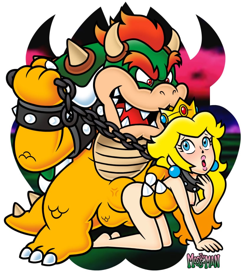 1boy barefoot blonde_hair bowser chain_leash chains completely_nude crown female highres holding holding_leash huge_cock leash male mario_(series) nintendo nude penis princess_peach self-upload sex sex_from_behind the_moss-man