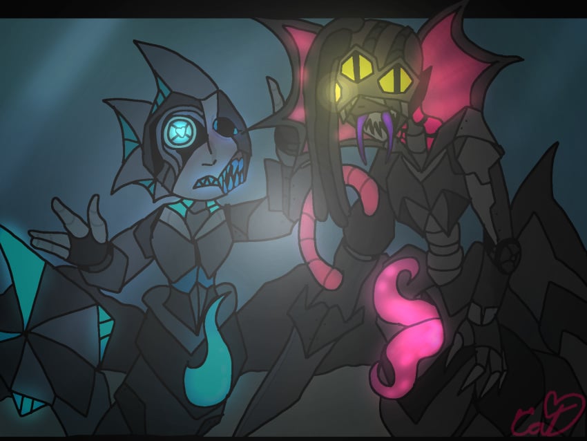 2boys blue_eyes gay glass_window male original_characters pink_eyes robotic shark_humanoid snake_humanoid tank tentacle_penis