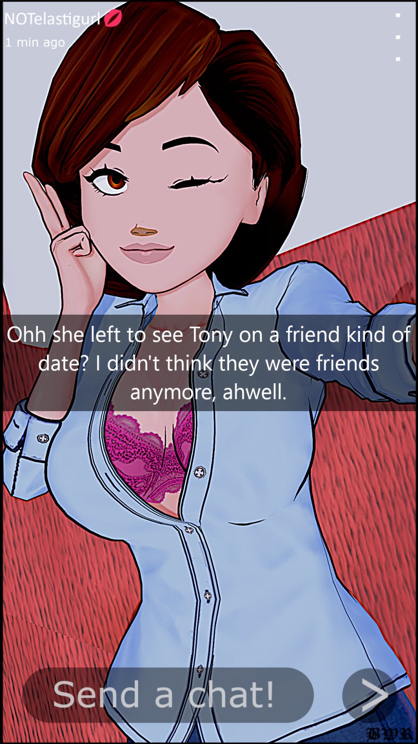 breakwater_ridge brown_eyes brown_hair cheating_wife dialogue dirty_talk disney female female_focus female_only helen_parr milf ntr selfie sexting snapchat snapchat_sexting story the_incredibles