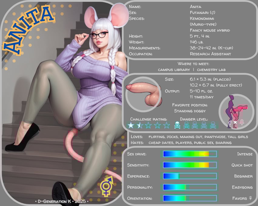 1futa ai_generated animal_ears animal_humanoid braided_twintails breasts bulge character_bio character_profile character_sheet dgenerationk flats futa_only futanari glasses gynomorph huge_breasts intersex leggings mouse_ears mouse_girl mouse_humanoid mouse_tail murid murid_humanoid original_character penis penis_bulge penis_under_clothes solo_futa sweater text text_box watermark white_hair