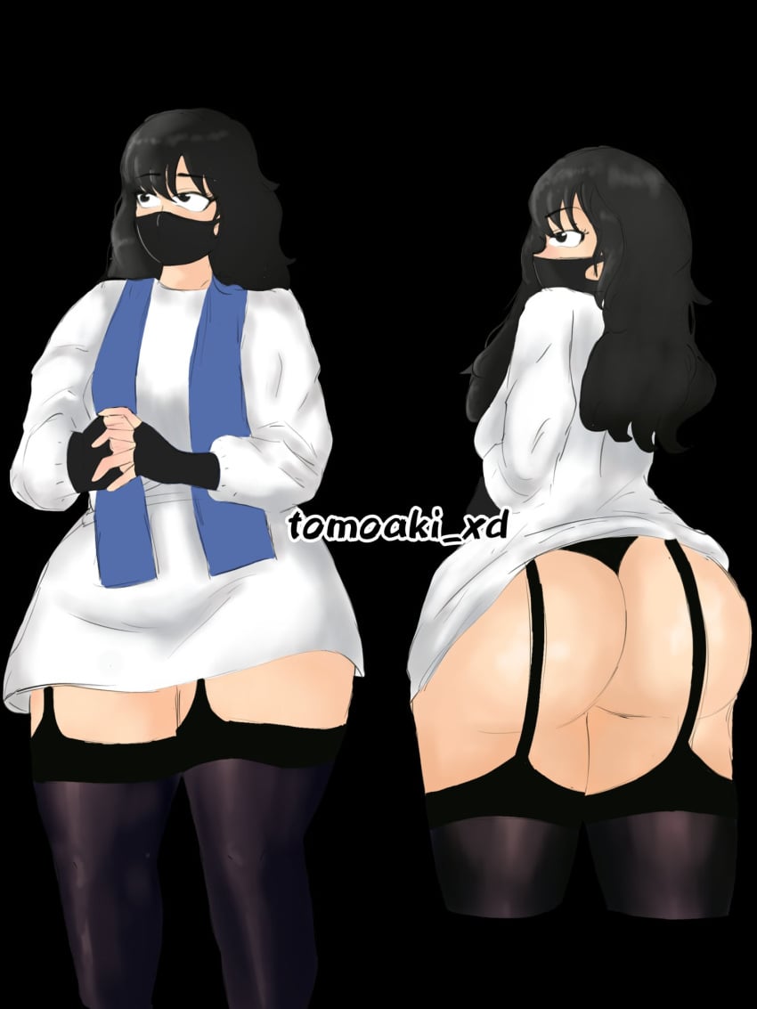 big_ass big_breasts big_butt big_thighs big_titties black_hair breasts clothing curvy curvy_female female female_focus mask original original_character religious_clothing simple_background thigh_highs tomoaki