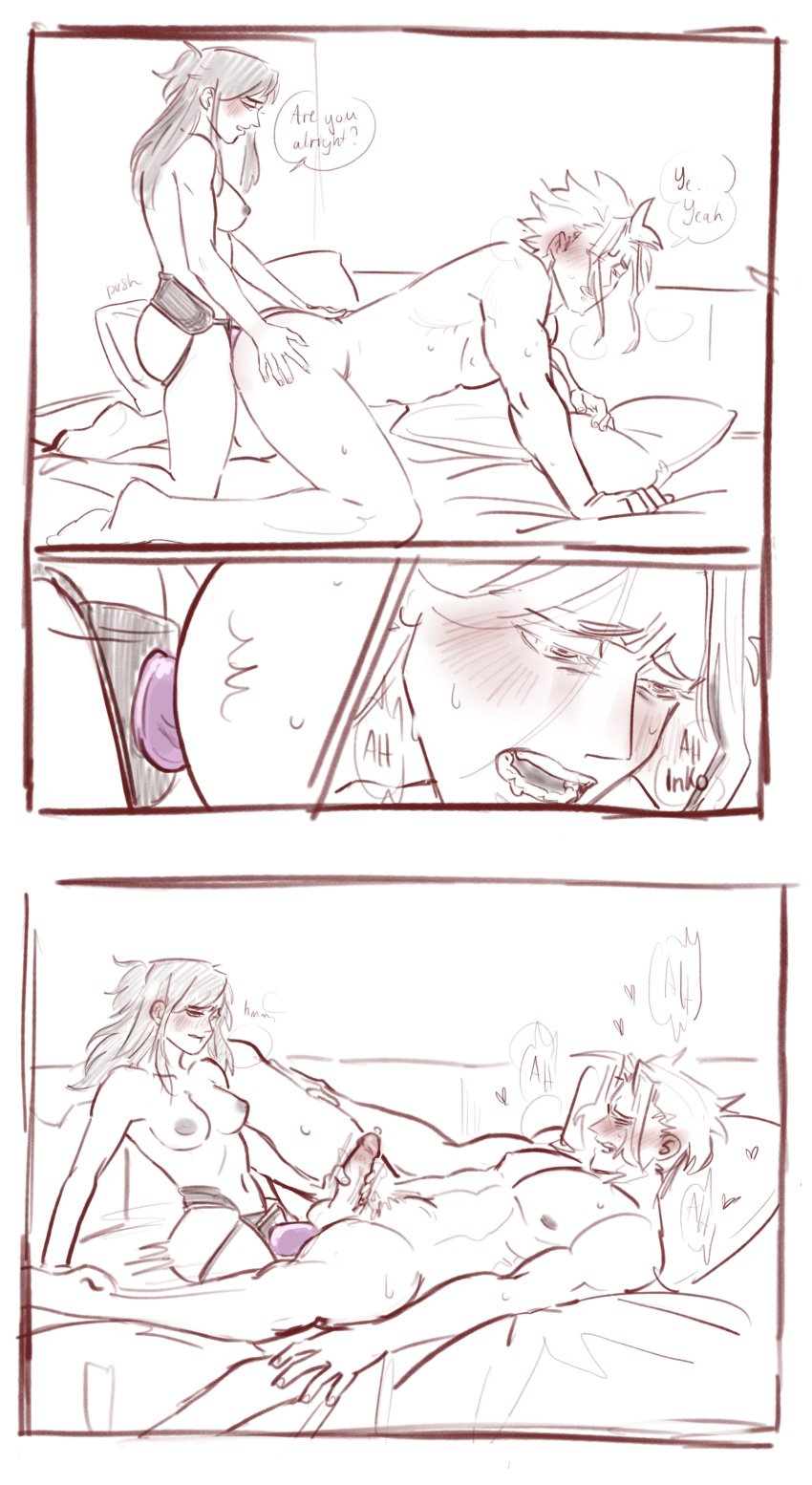 1boy 1boy1girl 1girls all_fours all_might anal bed bed_sheet between_legs big_penis biting_lip blonde_hair blush boku_no_hero_academia breasts butt_crack close-up closed_eyes comic completely_nude dildo ear_blush english_text female female_penetrating female_penetrating_male full-face_blush green_hair half-closed_eyes hand_on_thigh handjob handjob_while_penetrating heart highres ijessbest imminent_orgasm inko_midoriya kneeling large_penis long_hair looking_at_another looking_at_partner looking_back looking_pleasured lying lying_on_back lying_on_bed male male_penetrated male_pubic_hair moaning monochrome motion_lines muscular muscular_male my_hero_academia nipples pegging penis penis_grab precum precum_on_penis pubic_hair pubic_hair_peek romantic romantic_couple side_view sideass sitting sitting_on_bed smile spread_legs strap-on sweat threesome thrusting tied_hair toshinori_yagi white_background wholesome