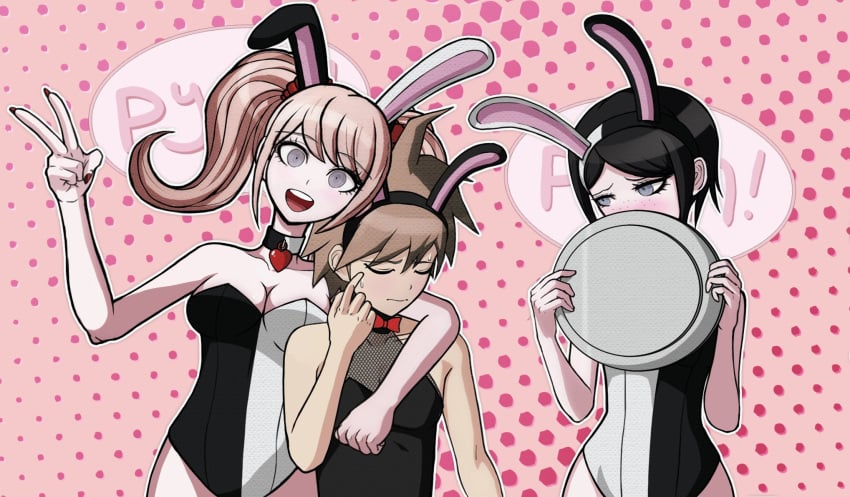 1boy 2girls artist_request big_breasts black_hair blue_eyes brown_hair bunny_boy bunny_costume bunny_ear bunny_ears bunny_girl bunny_tail bunnyboy bunnysuit closed_eyes danganronpa embarrassed embarrassed_female embarrassed_male junko_enoshima mid mukuro_ikusaba naegi_makoto pink_hair short_hair sisters tagme thick_hips thick_thighs thighhighs thighs