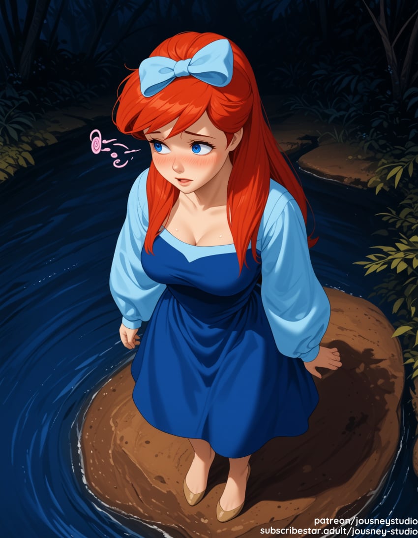 ai_generated ariel ariel_(the_little_mermaid) artist_name bangs barefoot blue_bow blue_dress blue_eyes blush bow breasts clavicle cleavage clothing day disney disney_princess dress female female female_only forest full_body grass hair_ornament hairbow jousneystudio large_breasts long_hair long_sleeves looking_at_viewer looking_away looking_to_the_side medium_breasts nature night nose_blush open_mouth orange_hair outdoors puffy_sleeves red_hair ribbon ripples smile solo standing text the_little_mermaid the_little_mermaid_(1989_film) tree water watermark web_address