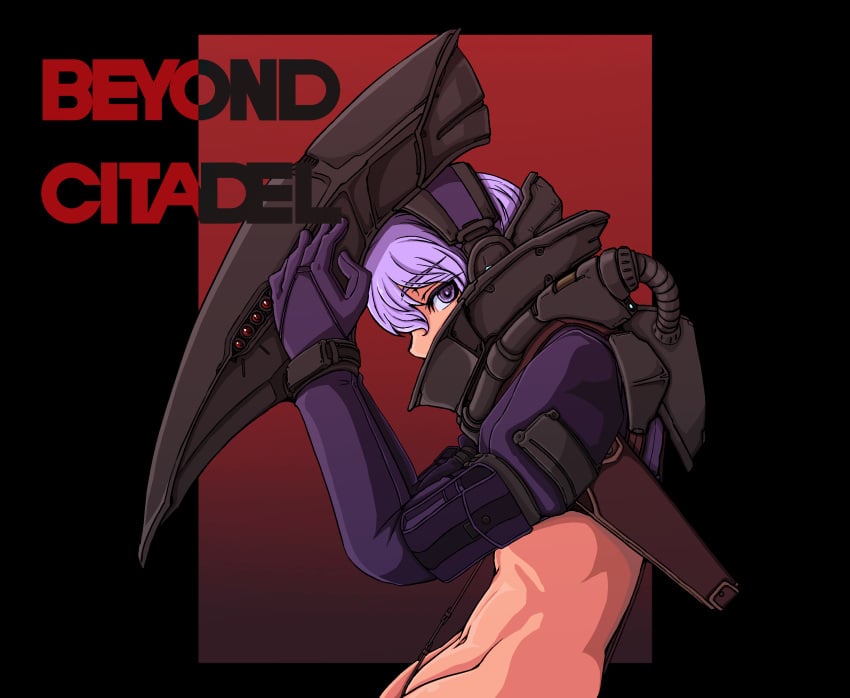 bellybutton black_background crop_top crotch_strap doekuramori english_text eyebrows eyelashes female female_focus gradient_background helmet helmet_removed holster looking_at_viewer martyr_(the_citadel) matching_hair/eyes navel official_art purple_eyes purple_gloves purple_hair purple_shirt red_background removing_helmet short_hair simple_background sole_female solo the_citadel the_martyr title tomboy