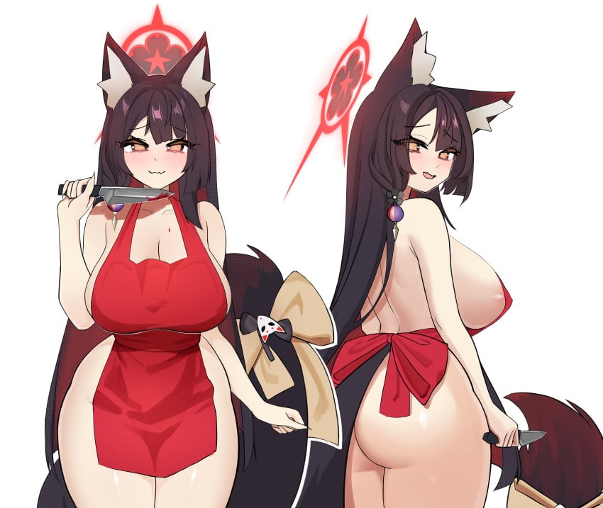 @_@ absurdres animal_ear_fluff animal_ears apron ass black_hair blue_archive breasts cleavage closed_mouth colored_inner_hair female fingernails fox_ears fox_girl fox_tail halo hand_up highres holding holding_knife kitchen_knife knife large_breasts long_fingernails long_hair looking_at_viewer looking_back multicolored_hair multiple_views naked_apron open_mouth red_apron red_hair red_halo seven_prisoners_(blue_archive) simple_background smile snya_ko tail very_long_hair wakamo_(blue_archive) white_background yandere yellow_eyes