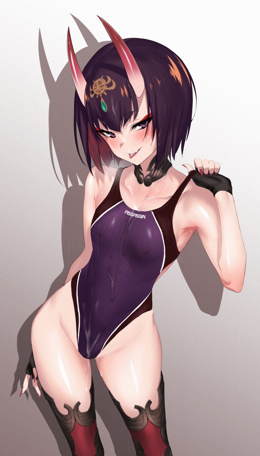 black_gloves black_one-piece_swimsuit black_thighhighs blush bob_cut breasts collarbone competition_swimsuit covered_navel cum cum_on_body detached_collar eyeliner facial fate/grand_order fate_(series) female fingerless_gloves gloves gradient_background headpiece highleg highleg_one-piece_swimsuit highres horns looking_at_viewer makeup nail_polish oerba_yun_fang one-piece_swimsuit oni open_mouth pink_nails purple_eyes purple_hair purple_one-piece_swimsuit shadow short_eyebrows short_hair shuten_douji_(fate) skin-covered_horns small_breasts smile solo strap_pull swimsuit thighhighs thighs tongue tongue_out two-tone_swimsuit ulrich_(tagaragakuin)