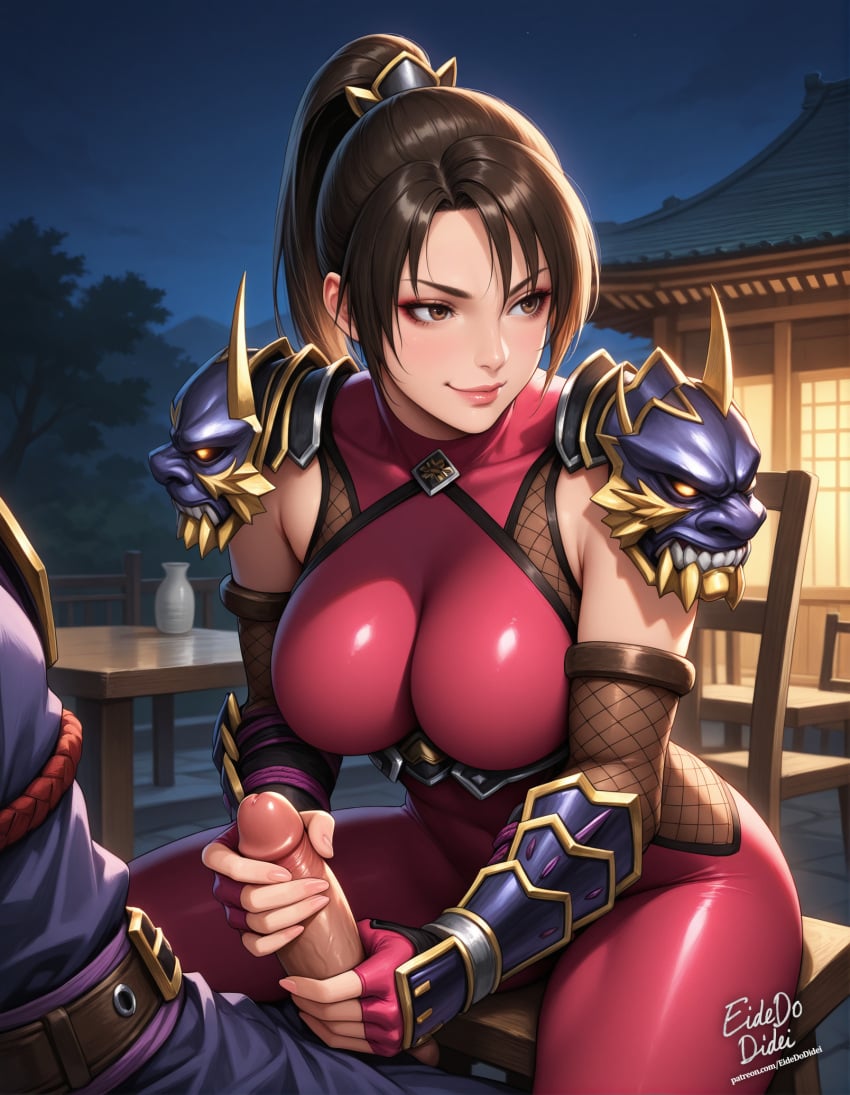 1boy 1girls ai_generated bodysuit brown_eyes chair eidedodidei female handjob large_breasts night ninja outdoors penis penis_out ponytail self_upload skin_tight smirk soul_calibur soul_calibur_iv straight taki