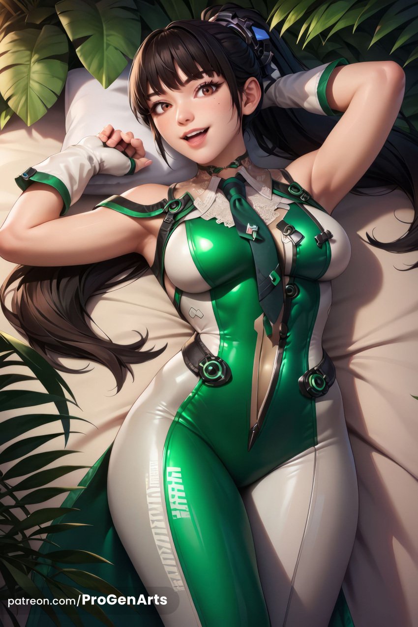 1girls ai_generated armpits artist_name bare_shoulders black_hair bodysuit breasts brown_eyes eve_(stellar_blade) fingerless_gloves gloves green_bodysuit hi_res long_hair looking_at_viewer lying medium_breasts mole mole_under_eye necktie on_back open_mouth patreon_logo patreon_username pillow playstation ponytail progenarts skin_tight smile solo sony sony_corporation sony_interactive_entertainment stellar_blade teeth upper_teeth_only web_address