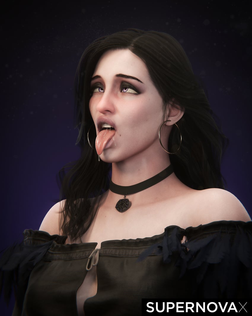 1girls 3d ahe_gao black_hair cross-eyed drooling female pleasure_face saliva solo supernovax the_witcher_(series) the_witcher_3:_wild_hunt tongue tongue_out yennefer