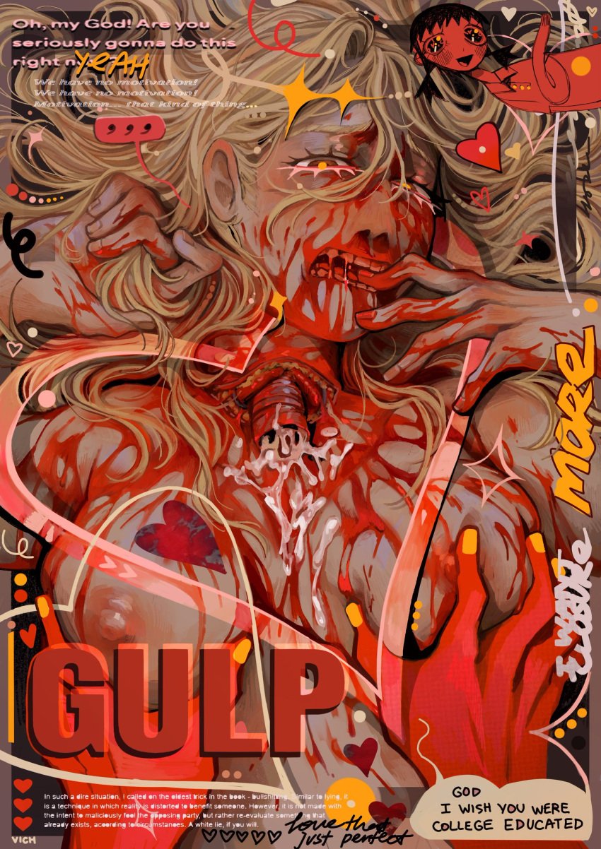 black_eyes black_hair blonde_hair blood blush breasts brown_eyes cleavage cum cum_inside cuts dialogue duo english_text erect_nipples eyebrows eyelashes female female_focus genital_fluids gore guro heart hi_res highres huge_breasts light-skinned_female light_skin long_hair looking_at_viewer mutilation nipples open_mouth organs pov_hands questionable_consent satire selfharm short_hair smile snuff solo_focus tagme text throat_abuse tongue torture tracheal_tube uncensored upper_body vich wet yellow_eyes