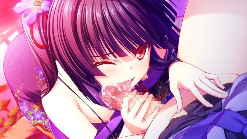 16:9 asami_asami black_hair breasts censored female game_cg japanese_clothes long_hair penis re:birth_colony red_eyes rindou_airi wince