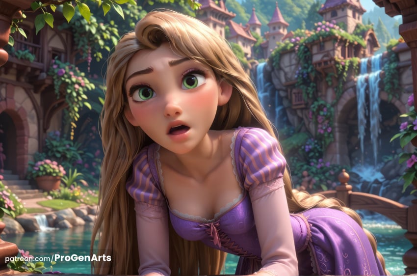 1girls ai_generated artist_name blonde_hair blush braid breasts bridge cleavage collarbone day disney disney_princess dress flower food fountain green_eyes hi_res leaning_forward lips long_hair long_sleeves looking_at_viewer open_mouth outdoors plant progenarts puffy_sleeves purple_dress rapunzel rapunzel_(tangled) river small_breasts solo tangled very_long_hair water waterfall watermark web_address