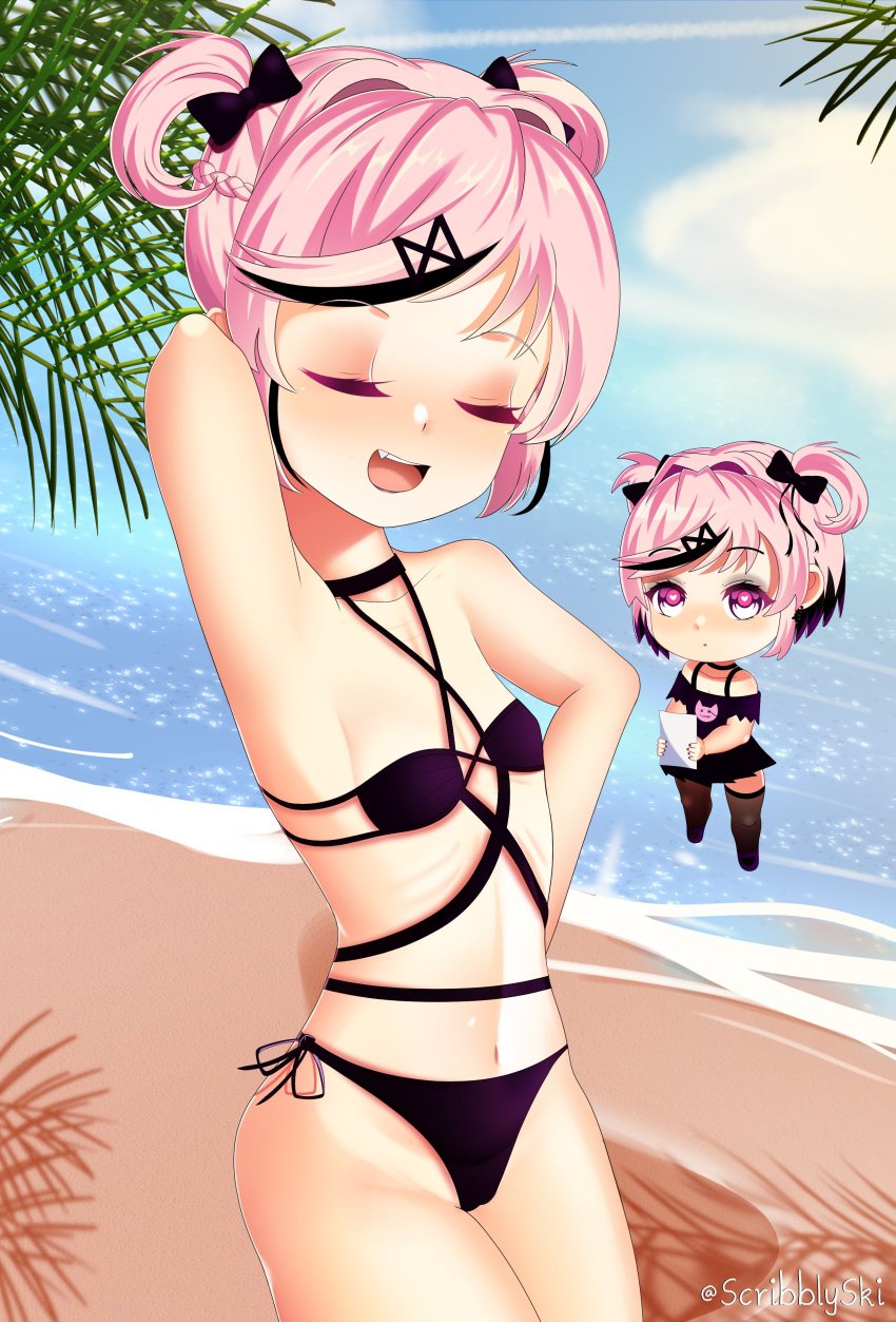 1girls armpits beach black_bikini black_bow black_highlights chibi_inset chin_length_hair closed_eyes crossed_hair-clip cute_fangs doki_doki_literature_club female female_only gothified heart-shaped_pupils natsuki_(doki_doki_literature_club) ocean open_mouth pink_hair pink_mascara posing scribblysuki shaved_armpit shaved_armpits short_hair solo twintails