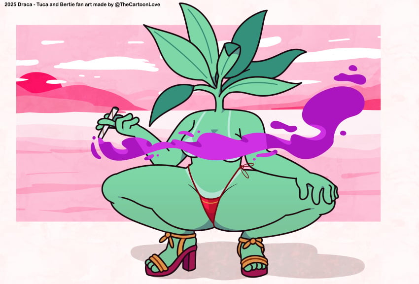 accurate_art_style adult_swim cigar cigarette cigarette_holder crouching draca_(tuca_and_bertie) green_body green_hair green_skin high_heels mature_female micro_bikini shoes simple_background the_cartoon_love tuca_and_bertie