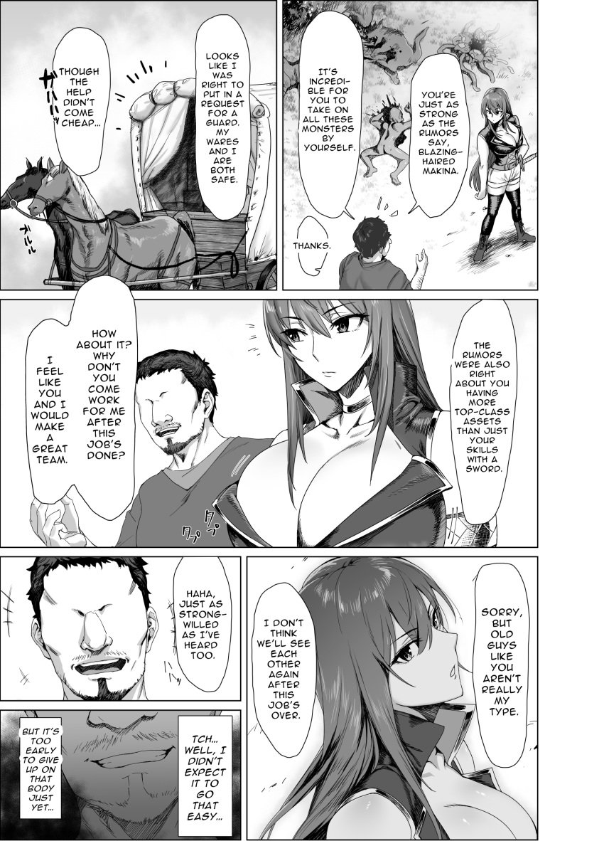 1boy 1girls another_story cleavage comic dialogue doujinshi english english_text eyebrows_visible_through_hair eyeless eyeless_male fallen:makina fallen_~makina_and_the_city_of_ruins~ fit_female hair_between_eyes hotpants huge_breasts large_breasts light-skinned_female long_hair makina_(fallen_~makina_and_the_city_of_ruins~) male mature_female mature_male monochrome official_art slim_waist speech_bubble tagme thick_thighs thighhighs travelling_merchant very_long_hair voluptuous wide_hips