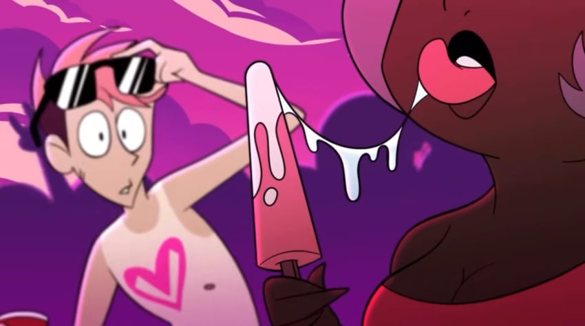 1boy 1girls black_female cleavage dark-skinned_female demon ebony helluva_boss human_disguise milky_(helluva_boss) popsicle saliva saliva_on_popsicle saliva_trail succubus tongue tongue_out tongue_saliva vivienne_medrano