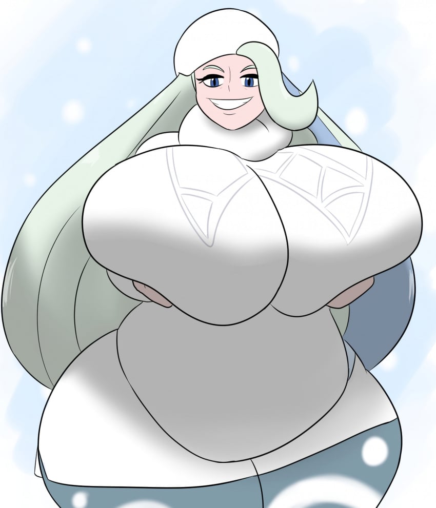 big_breasts chubby holding_breast huge_breasts igphhangout large_tits melony_(pokemon) milf smiling smiling_at_viewer white_hair wide_hips