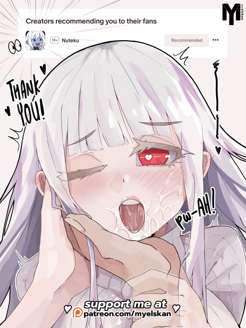 after_fellatio blush blush cum cum_in_mouth drool drooling fanart ghost hand_on_cheek monster_tutor mouth myelskan nuteku open_mouth patreon phanta_(monster_tutor) red_eyes sweater tongue tongue_out twitching white_clothing white_hair