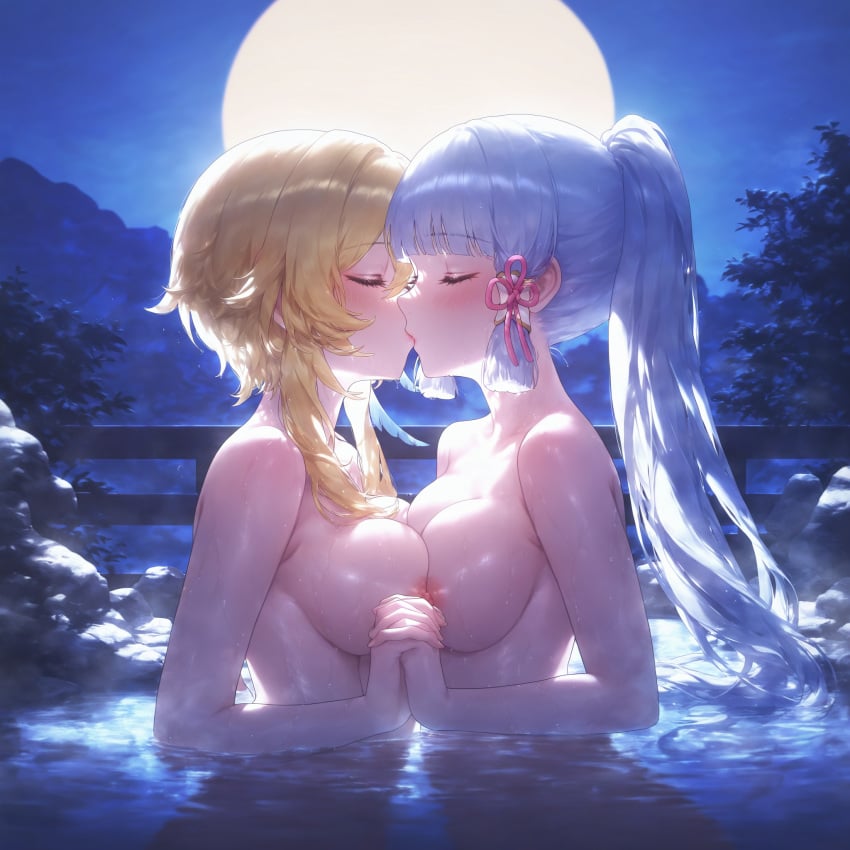 2girls absurd_res ai_generated asymmetrical_docking bathing blonde_hair blue_hair blunt_bangs blush breast_press breasts closed_eyes completely_nude french_kiss from_side full_moon genshin_impact hair_ornament hair_ribbon holding_hands interlocked_fingers kamisato_ayaka kissing large_breasts light_blue_hair long_hair lumine_(genshin_impact) medium_breasts ministro mole_under_eye moon multiple_girls night night_sky nipple-to-nipple nipples nude onsen outdoors partially_submerged pink_ribbon ponytail profile ribbon rock same-sex_bathing short_hair_with_long_locks sidelocks sky steam symmetrical_docking tree tress_ribbon upper_body water wet white_hair yuri