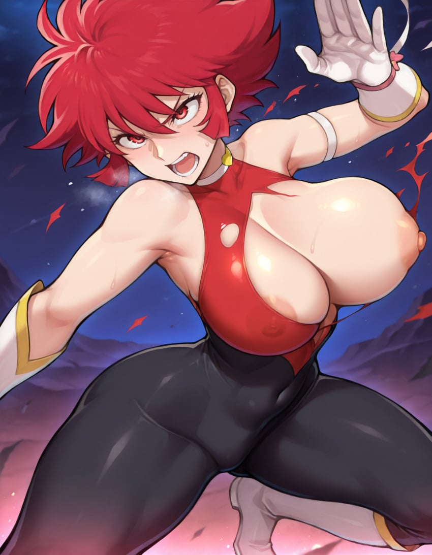 1girls ai_generated angry areola areola_slip areolae bodysuit boots breasts choker cleavage cleavage_cutout cutie_honey cutie_honey_(character) elbow_gloves fighting_stance gloves goonedoutp3rv heart_choker large_breasts nipples one_breast_out red_eyes red_hair short_hair solo torn_clothes wide_hips