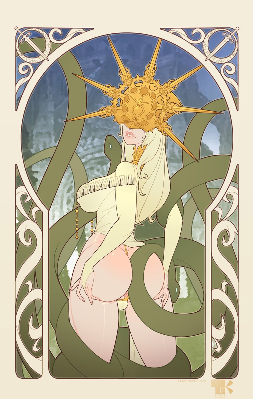 1futa 2d_(artwork) ass ass_grab balls_in_panties big_ass big_breasts biting_lip blonde_hair bubble_butt dark_souls dark_sun_gwyndolin femboy futanari gluteal_fold headwear looking_at_viewer male_breasts pale_skin sideboob tagme tentacle thong trap turk128 voluptuous white_skin