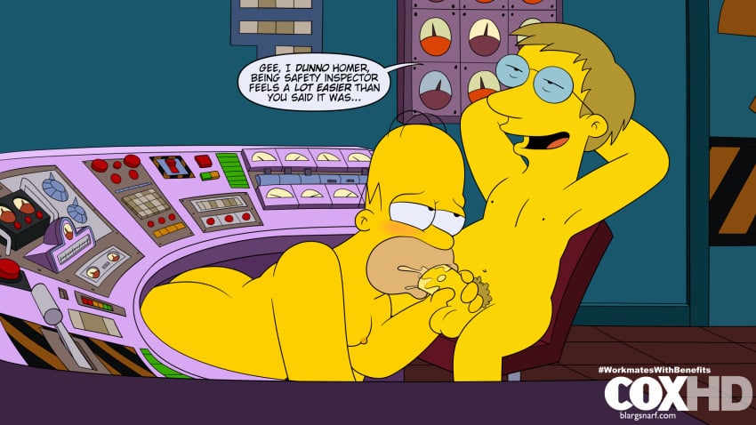 2boys balls beard blargsnarf blowjob charlie_(snpp) charlie_(the_simpsons) gay goatee homer_simpson human_only male male_only male_pubic_hair nipples on_model penis saliva the_simpsons yellow_skin