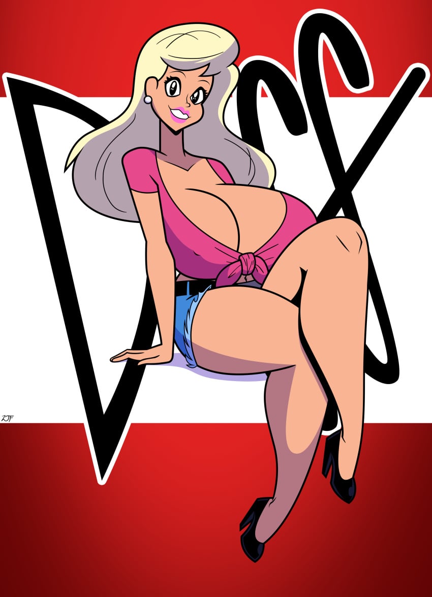 1girls alternate_color alternate_skin_color artist_signature belly_button belt belt_buckle big_breasts blonde_female blonde_hair blonde_hair breasts cel_shading cleavage clothing daisy_dukes duff_beer ear_piercing eyelashes female female_only glossy_eyed heels high_heels huge_breasts knotted_shirt legs_crossed light_body light_skin lipstick long_hair makeup midriff navel pink_lipstick pink_shirt platinum_blonde_hair rustysh4ckl3ford simple_background sitting smile smiling solo text the_simpsons thick_thighs titania_(the_simpsons)