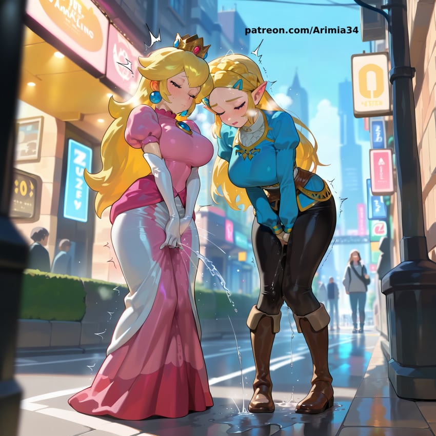 2girls ai_generated arimia34 big_breasts blonde_female blonde_hair clothed crown earrings elf elf_ears elf_female elf_girl female_ejaculation female_only hi_res long_hair mario_(series) nintendo princess_peach princess_zelda public pussy_ejaculation pussy_juice squirt_puddle squirting_orgasm standing street super_mario_bros. the_legend_of_zelda wet