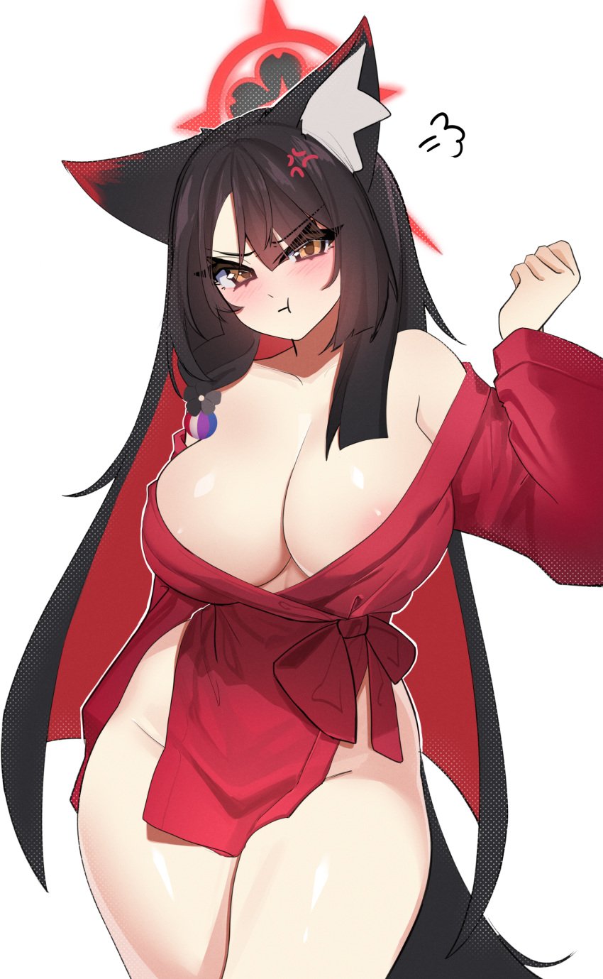 absurdres anger_vein angry animal_ear_fluff animal_ears areola_slip black_hair blue_archive breasts cleavage closed_mouth colored_inner_hair cowboy_shot female fox_ears fox_girl fox_tail hair_between_eyes halo hand_up highres large_breasts long_hair long_sleeves looking_at_viewer multicolored_hair pelvic_curtain pout puff_of_air red_hair red_halo seven_prisoners_(blue_archive) simple_background snya_ko solo tail wakamo_(blue_archive) white_background yellow_eyes