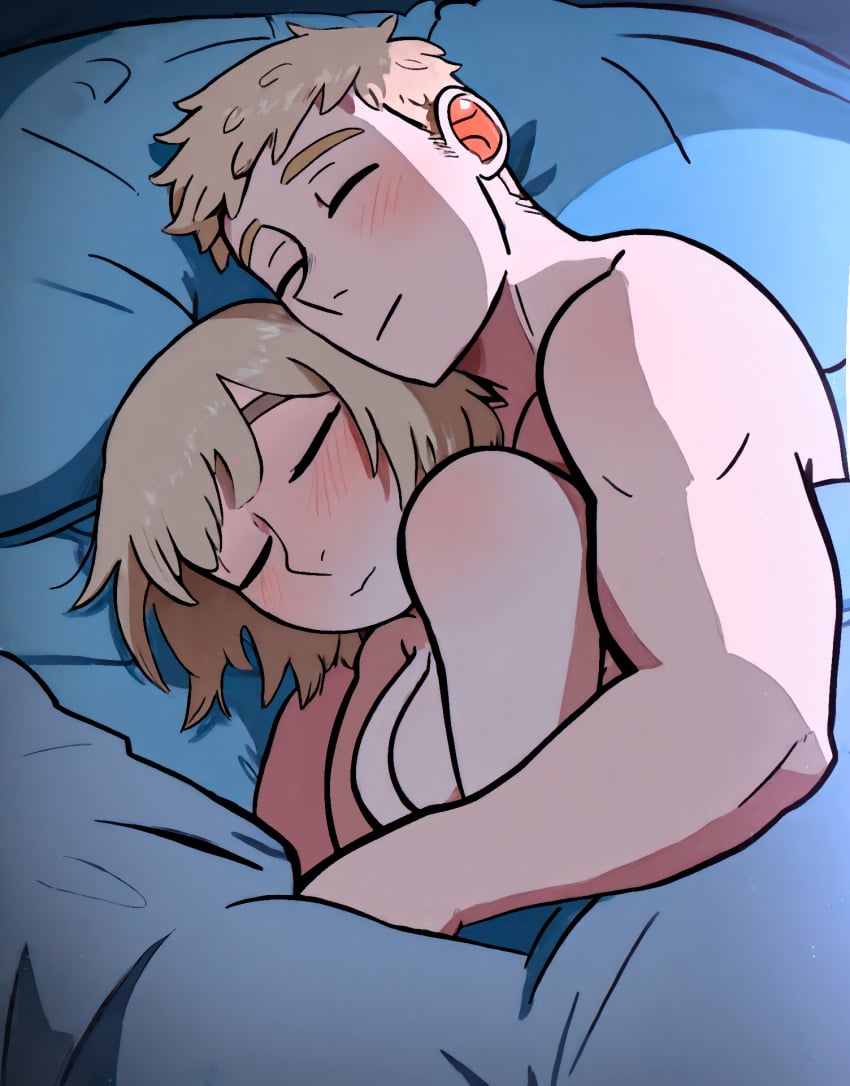 1boy 1girls ai_assisted ai_generated bed bed_sheet blonde_hair breasts brother_and_sister closed_eyes closed_mouth delicious_in_dungeon dungeon_meshi falin_touden hugging_from_behind incest laios_touden losforry_custom nude pillow short_hair sleeping sleeping_together wholesome