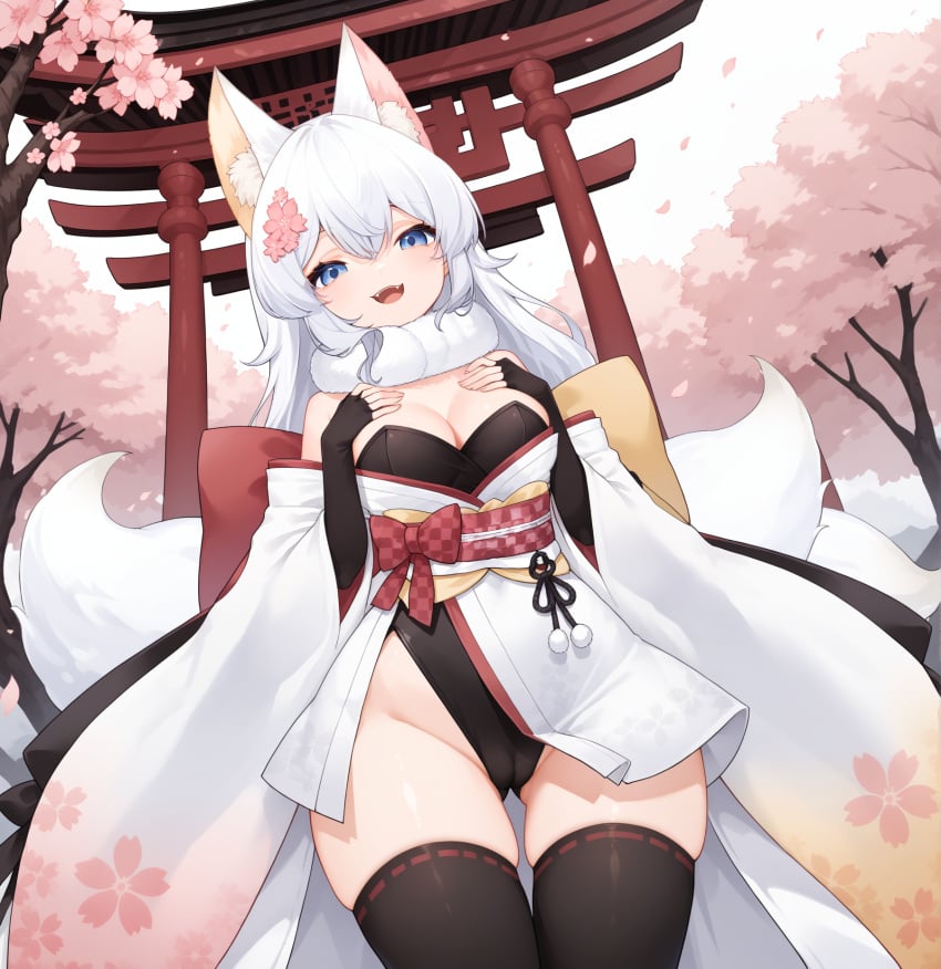 1girls ai_generated blue_eyes cameltoe chappycherri cherry_blossoms female fox fox_ears fox_girl fox_tail kimono koicorp leotard shrine_maiden thick_thighs virtual_youtuber vtuber white_hair