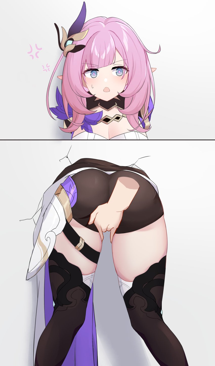 absurdres anger_vein ass black_footwear black_shorts blue_eyes breasts cameltoe cleavage commentary_request corset disembodied_hand elf elysia_(honkai_impact) elysia_(miss_pink_elf)_(honkai_impact) female fingering glory_wall highres honkai_(series) honkai_impact_3rd large_breasts large_variant_set open_mouth pink_hair pointy_ears short_shorts shorts solo stuck sweatdrop thighs through_wall variant_set white_corset xiao_fei