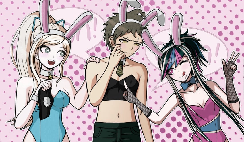 1boy 2girls artist_request big_breasts black_hair blonde_hair blue_hair brown_hair bunny_boy bunny_costume bunny_ear bunny_ears bunny_girl bunny_tail bunnysuit danganronpa danganronpa_2:_goodbye_despair embarrassed embarrassed_male hinata_hajime horns licking_lips long_hair mioda_ibuki pink_hair short_hair sonia_nevermind tagme thick_hips thick_thighs thighhighs thighs three_tone_hair tongue_out