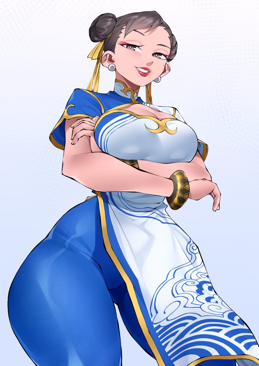 beauty_mark blue_clothing bracelet bracelets brown_eyes chinese chinese_female chun-li chun-li_(street_fighter_6) earrings eyeshadow female flytrapxx hair_bun hair_ornament hazel_eyes hourglass_figure large_ass loincloth red_lipstick resting_breasts simple_background street_fighter street_fighter_6 tagme thick_thighs tied_hair tight_clothing